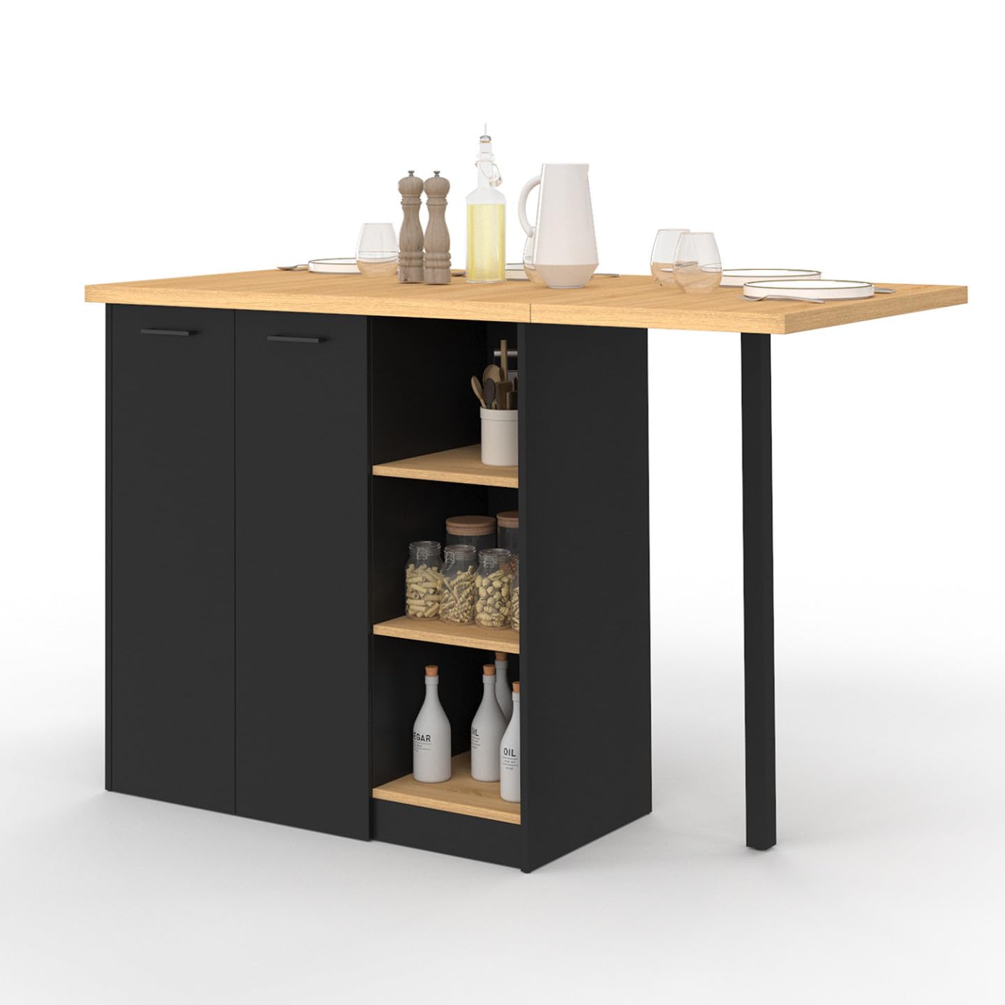 IDMarket - Ilot Central Cesar 140 cm 5 Personnes Bois Noir avec Plan de Travail façon hêtre
