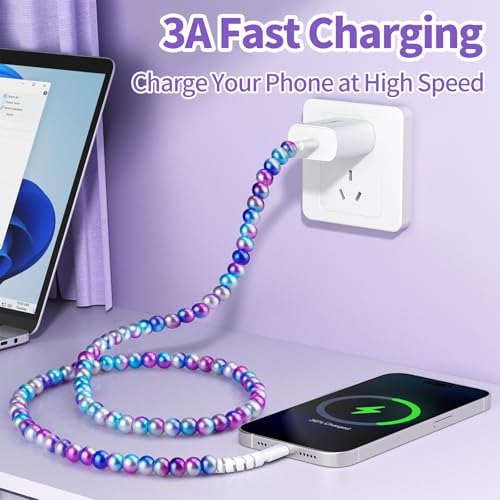 Image of VOFUOE USB C Cable for iPhone 16 Beaded Charging Cord Fast Charging Cable for Girls Women 3.3FT Colourful Pearls Type C Cable for iPhone 15, for iPad A16 11th, for Galaxy S25- Purple Blue Gradient