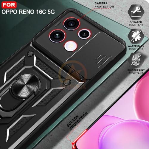 Image of Armor Bumper Back Cover Case for Oppo Reno 16C 5G Rotating Camera Cover, Ring Holder & Kickstand | Heavy Duty & 360 Degree Protection Back Cover for Oppo Reno 16C 5G (Black)
