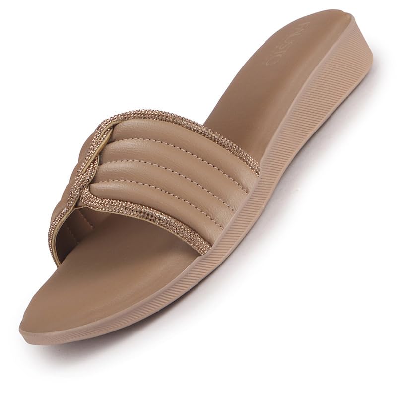 FAUSTO Women Rhinestone Strap Wedge Heel Ethnic Slip On Sandals for Wedding, Anarkali, Indo-Western Dress | Open Toe Ortho Slippers with Soft Cushioned Footbed
