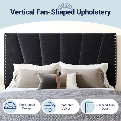 Image of Allewie Full Size Velvet Platform Bed Frame with Adjustable Headboard Black | Height-Adjustable Velvet Headboard, Rivet-Style Nailhead Trim, Wooden Slat Support, No Box Spring Needed, Easy Assembly