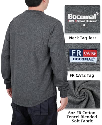 Image of BOCOMAL FR Shirts for Men Long Sleeve EX Soft Flame Resistant Henley CAT2 | NFPA2112 6oz Midweight Cotton Knit Heather Series,Moisture-Wicking /Breathable,Chest Pocket,Rib-Knit Cuffs,Summer Work T Shirt