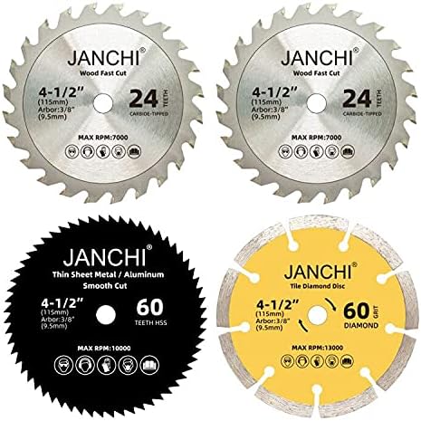 4 Pack Combo 4-1/2 Inch Compact Circular Saw Blade Set with 3/8" Arbor, 24T TCT /60T HSS /60# Diamond Disc Blade for Wood/Plastic/Sheet Metal/Tile Fast Cutting