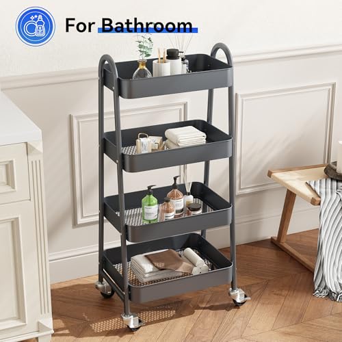 Image of OLIXIS Metal 4 Tiers Utility Rolling Cart, Mobile Storage Shelf with Lockable Caster Wheels, Organization for Livingroom, Bathroom & Narrow Places, 4-Tier Gray