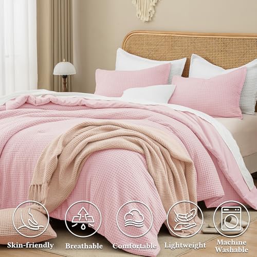Image of David's Home Textured Summer Waffle Weave Comforter Set, Twin, Pink | Cozy Soft Lightweight Breathable Fluffy Durable Hotel Bedding with Pillow Sham for All Season, Luxury Home Decor, Giftable