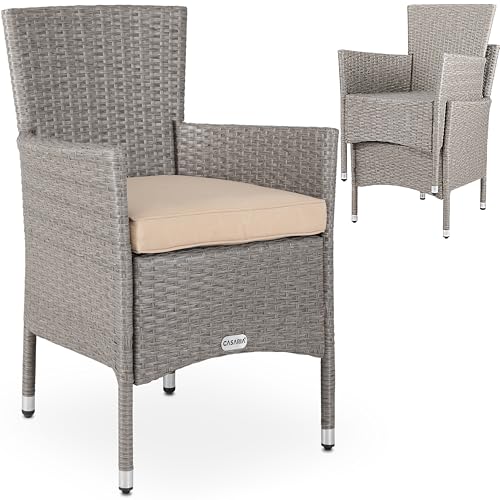 Casaria® 2er Set Poly Rattan Gartenstuhl mit Auflage Stapelbar Wetterfest 160 kg Belastbar Stapelstuhl Garten - Beige Grau
