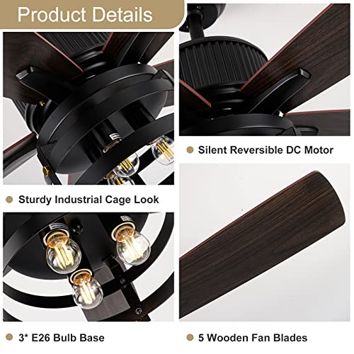 Rustic Farmhouse Ceiling Fan With Lights, 52 Inch Industrial Cage Ceiling Fan Light, Indoor Outdoor Ceiling Fan With Remote, Reversible Dc Motor For Farmhouse Patios Bedroom Garage (52 Inch, Walnut) #TOP6
