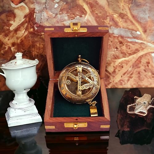 Brújula Vintage de Latón con Reloj Solar y Caja de Madera miniatura 7