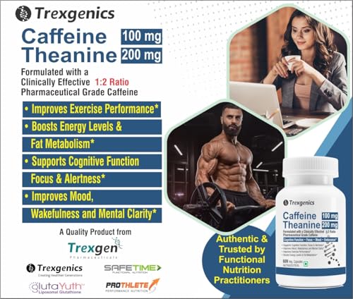 Image of Trexgenics L-THEANINE CAFFEINE mg Cognitive Function, Refresh, Focus, Mood, Endurance Support (60 x 2 Pack) (120 Veg Caps))