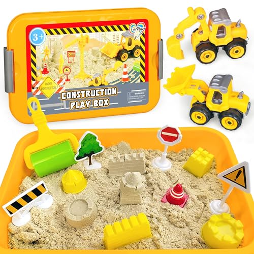 Carolart Construction Sensory Bin, Tractor Sand Playset Construction Sandbox with Toy Truck Play Sand and Signs, Sand Art Kit for Kids Ages 3 and up