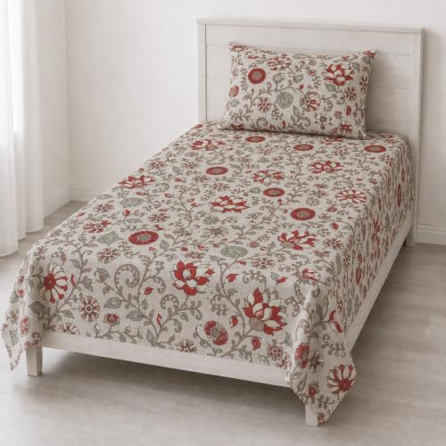 Image of Trance Home Linen 144TC 100% Cotton 72 inchx36 inch Single Bed Size Elastic Fitted Bedsheet | Printed Single Size Bed Elasticated Fitted Bedspread with 1 Pillow Cover (72x36 inch, Kalamkari Rust)