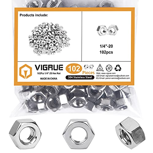 VIGRUE 102Pcs 1/4''-20 304 Stainless Steel Hex Nuts Kit for Screw Bolt