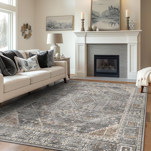 GENIMO 8x10 Area Rug for Living Room, Non Slip Machine Washable Low Pile Large Rug, Indoor Vintage Lightweight for Bedroom, Dining Room & Home Office, Light Gray