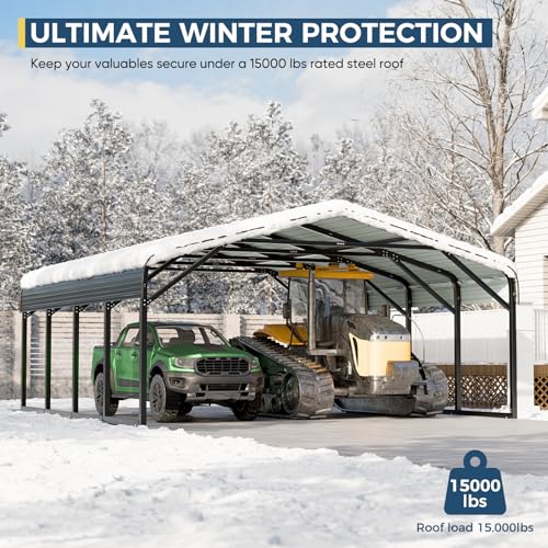 Image of 20x20 FT Heavy Duty Metal Carport, 2-Car Garage with Structural Reinforcement, Galvanized Steel Roof, Ground Anchors, 120lbs /Sq.Ft Snow /Wind Resistant Carports, Fits Pickups, Trucks, RVs, Boats