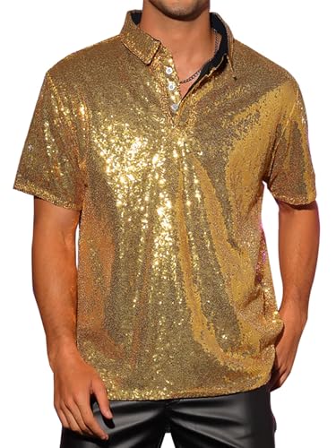 Acrawnni Herrenhemd mit glitzernden Pailletten, Vintage-Sommer, 1/4 Glitzerknopf, kurzärmelig, Disco-Top, 70er-Jahre-Party, Club, glänzendes Hemd, Rave-Tops, A-Gold, 3XL