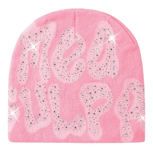 JUMISEE Mannen Vrouwen Brief Grafische Y2K Beanie Gebreide Hoeden Bling Strass Winter Warm Schedel Cap Trui Hoed, Lichtroze, one size