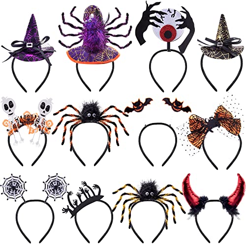 BQTQ 12 Pieces Halloween Costume Headbands - Witch Hat, Eyeballs, Black Bat, Spider, Skeleton for Cosplay Party Favors