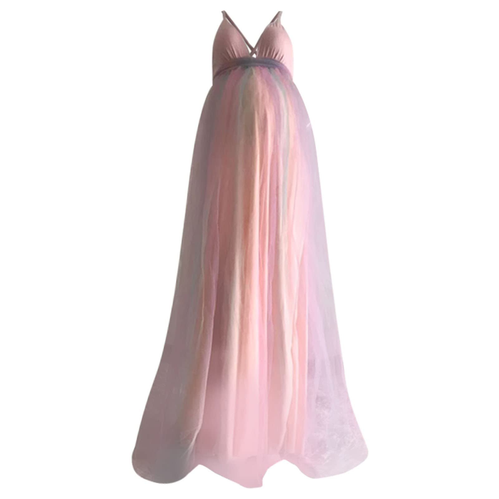 Generisch Abito premaman da donna, a vita alta, con motivo arcobaleno, elasticizzato, con bretelle, tinta unita, rosa, ideale per gravidanza e occasioni speciali