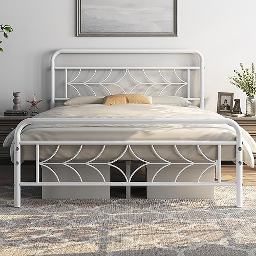 Yaheetech 140 x 200 cm Moderna Cama de Plataforma Metálica Almacenamiento Bajo la Cama Base de Cama Doble Matrimonial Diseño de Estrella Soporte de Listones Sólidos Blanco