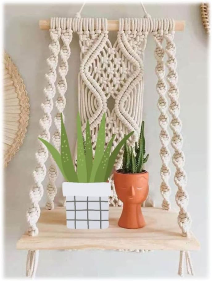 Aain Macramé Wooden Wall Hanging Shelf |104| Modern Chic Woven Macrame Woven Cotton Rope Bohemian Home Wall Décor for Dorm, Bedroom, Living Room, Nursery, 10" Wx 18" H (Set of 1)