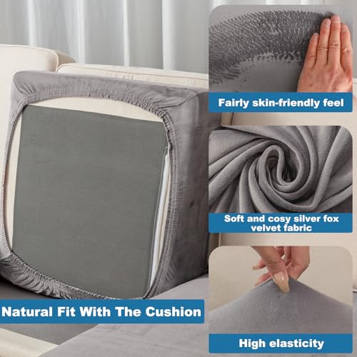 Image of Stretch Silver Fox Velvet Sectional Couch Covers - 4-Piece Sofa Cushion Covers for Left /Right L-Shaped Chaise, Soft and Comfortable Slipcovers for Sectional Sofa(3 Seater + 1 Chaise,Grey)