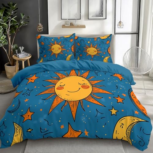 Duvet Cover King Size Cartoon Sun Moon Star Reversible 3 Pieces Duvet Cover Set, Bedding Set for All Season, Soft and Breathable Bedding Set with Zipper Closure