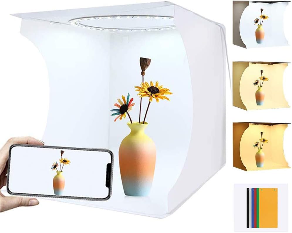 Portable Ring Light Photo Studio Light Box, Folding Photography Photo Lighting Studio Box Shooting Tent Kit with White Light/Soft Light/Warm Light (64 pcs LED Lights 6 Colors Backdrops)