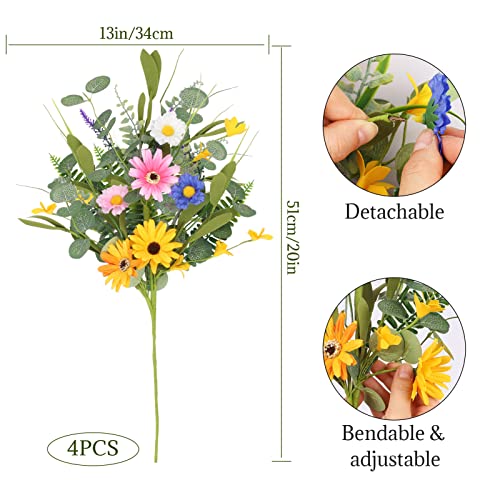 Nubauto 4 Bundles Fake Artificial Flowers, 20" Silk Daisy & Lavender Flowers Artificial Bouquet, Faux Spring Sunflowers Artificial Decorations For Home Indoor Table Vase Wedding Front Door Farmhouse #TOP1