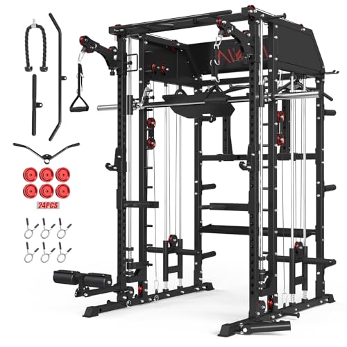 Image of Mikolo Smith Machine, Multi-Function Power Cage with Dual Pulley System, Vertical Leg Press Attachment, Squat Rack Power Rack with More Training Attachment for Home Gym