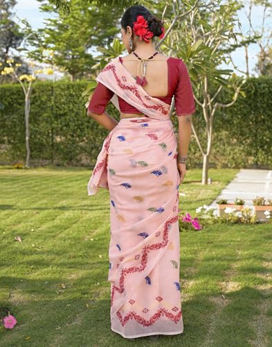 Image of SIRIL Women's Cotton Linen Mekhela Chador Printed Saree with Unstitched Blouse Piece