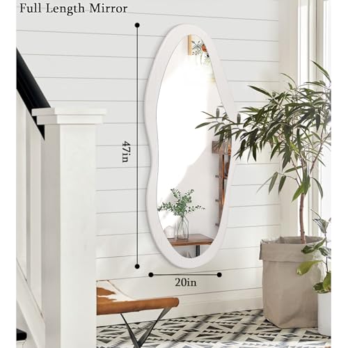 Image of AAZZKANG Irregular Full Length Mirror Wooden Asymmetrical Wall Mirrors Modern Large for Bedroom Dressing Room Living Room Entryway White 47 inchx20 inch