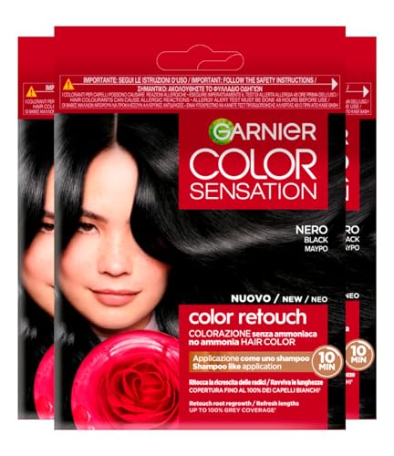 Garnier Color Sensation Color Retouch Tinta Capelli Colorazione Permanente per Ricrescita Copre il 100% dei Capelli Bianchi Applicazione Semplice Colore Nero - 3 Tinte