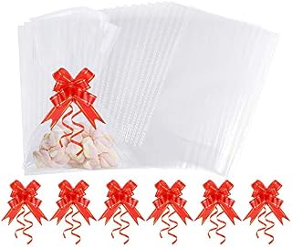 AUERVO 50Pcs Clear Cellophane Treat Bags 25X16cm Clear Resealable Flat Cello Bags Sweet Party Gift Bags OPP Plastic Bag with 50Pcs Red Pull Bows for Candy, Food,Soap, Cookie, Valentine Chocolates