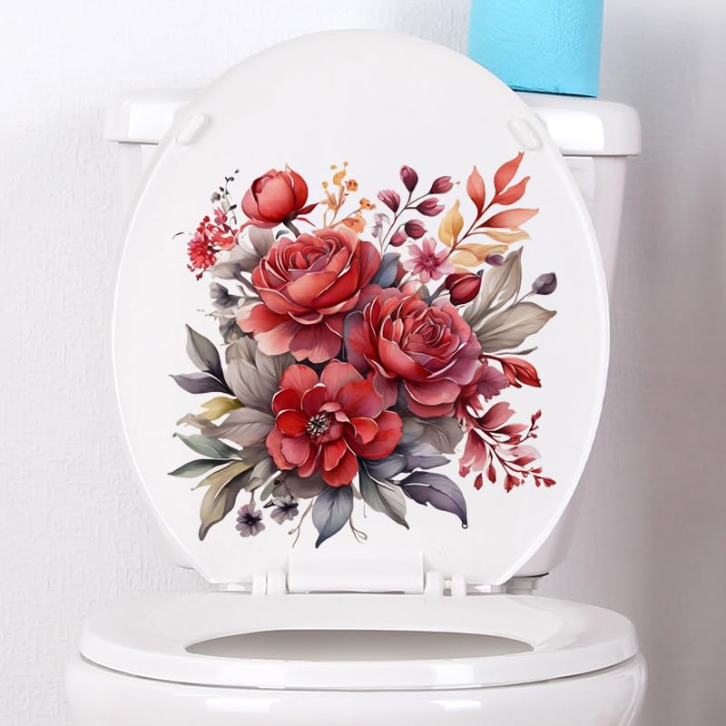 Bonfage Peony Flower Toilet Cover Sticker Decals,Fish Bird Flower Leaf Waterproof Toilet Lid Tank Seat Decals Cistern Self-Adhesive Bathroom Wall Sticker, White