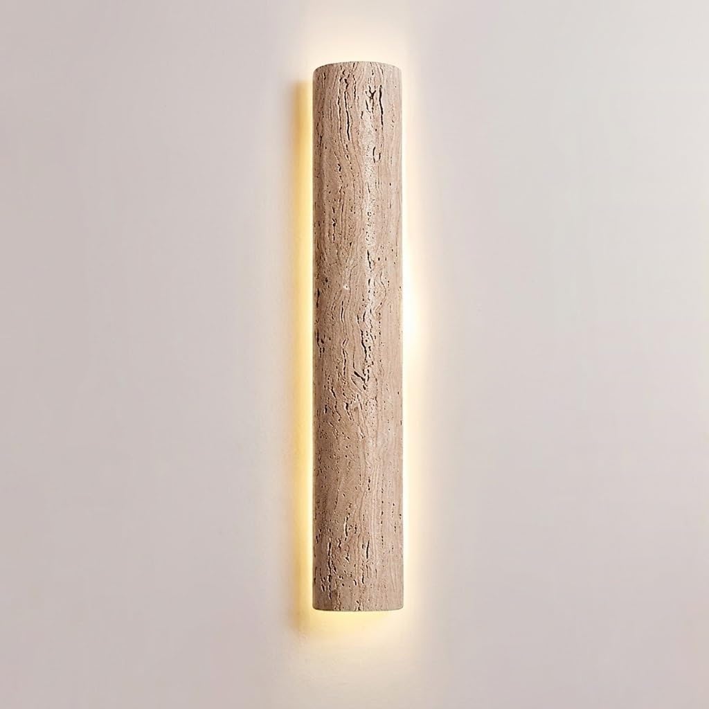 COSRUB Linear LED Travertine Wall Sconces, Minimalist Backlit Halo Wall Lamps Long Strip Half Cylinder Stone Wall Lights for Stairs Hallway Entryway Aisle(60cm/23.62in)