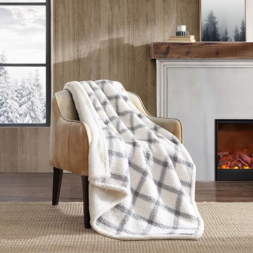 Image of Eddie Bauer - Throw Blanket, Ultra-Soft Plush Bedding with Faux Shearling Reverse, Blanket for Couch & Bed (Bunkhouse Plaid Grey, 50 inch x 60 inch)