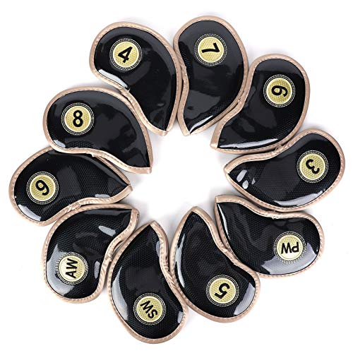ゴルフクラブアイアンヘッドカバー10PCSセットプレミアムPU防水保護袖の右と左手のゴルファーブラックデザイン3 4 5 6 7 8 9 SW AW PW
