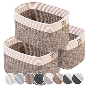 CHAT BLANC Cotton Rope Baskets for Organizing | 15”x10”x9” Storage Baskets for Shelves | Small Laundry Woven Baskets for Storage, Dog Toy Bin, Baby Basket,Off White&Brown 3 Pack