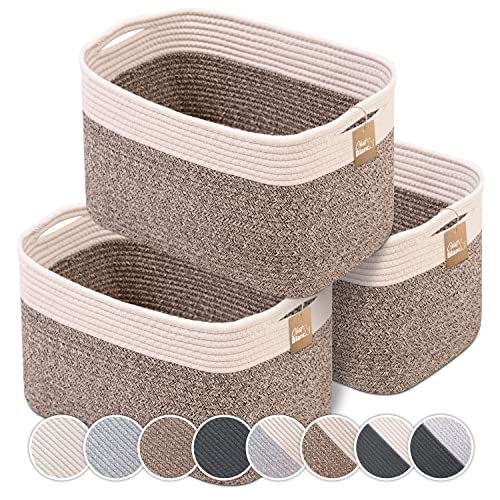 CHAT BLANC Cotton Rope Baskets for Organizing | 15”x10”x9” Storage Baskets for Shelves | Small Laundry Woven Baskets for Storage, Dog Toy Bin, Baby Basket,Off White&Brown 3 Pack