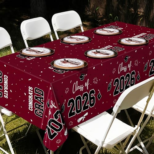 Image of QZYL 4 Pack Graduation Table Decorations 2026, 54 inch x 108 inch Maroon Graduation Table Cloths, Disposable Grad Party Decorations for Class of 2026 Congrats Grad, Rectangle Plastic Tablecover for College