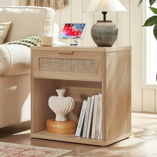 Image of LEYAOYAO Rattan Nightstand with Charging Station, Natural Wood Night Stand with Drawer, 23 inch Wide Boho Bedside Table with Storage Shelf, Bed Side End Tables for Bedroom, Living Room, Hallway