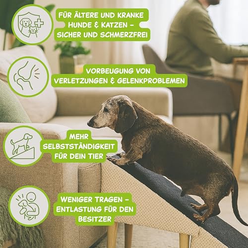 Outentin Hundetreppe Klappbar – Rutschfeste Hunderampe & Weiche Haustiertreppe für Kleine & Große Hunde, Treppe für Sofa & Bett, Stabil & Faltbar, Möbeloptik, 36 cm Hoch – Zuhause & Unterwegs,Hellgrau