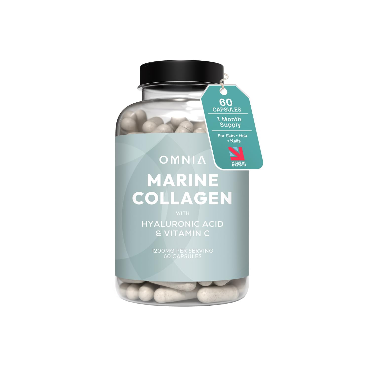 Omnia Marine Collagen Capsules 1200mg, Premium Skin, Hair & Nail Health Support for Women & Men, Enriched with Type I Collagen, Hyaluronic Acid & Vitamin C, High-Potency Formula, UK Made, 60 Capsules