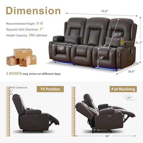 Image of URRED Power Loveseat Recliner Sofa with Massage and Heat, Wall Hugger Reclining Loveseat with Console, RV Couch Home Theater Seating with LED Lights for Living Room (Dark Brown, 76.8 inch - 3 Seats)