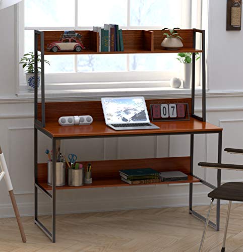 Rhomtree Computer Desk with Hutch and Bookshelf Home Office Desk PC Laptop Workstation Study Writing Table with Metal Frame (Brown)