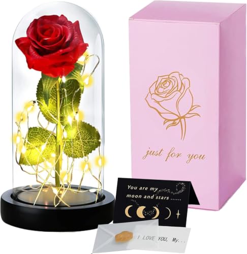 Rosa Eterna,Kit de Rosas,Elegante Cúpula de Cristal con Base Pino Luces LED