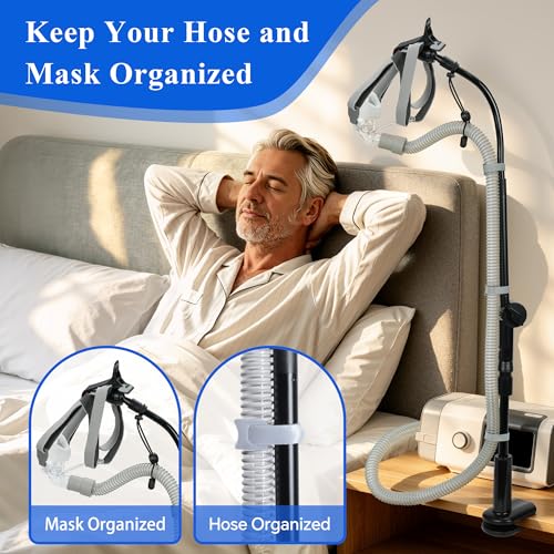 Image of CPAP Hose Holder for Bed, 360 Adjustable CPAP Stand Bedside with No-Drill C-Clamp, Knob-Control CPAP Hose Hanger & Lift, Metal CPAP Tube Holder with Mask Hook and Hose Straps (Black)