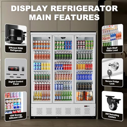 Image of 59'' W Commercial Refrigerators with 3 Glass Door, 40 Cu.Ft Beverage Refrigerators Commercial Fridge Upright Cooler with Soft LED Light and 15 Adjustable Shelves for Restaurant Stores