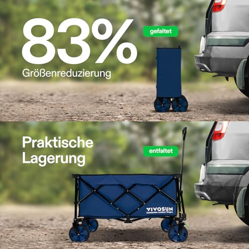 VIVOSUN 200L XXL Bollerwagen Faltbar mit Bremsen, 136kg Tragkraft, Klappbarer Handwagen mit 360°drehbare Räder für alle Gelände, Gartenwagen für Camping, Garten, Sport, Picknick, Einkaufen, Blau – Bild 5