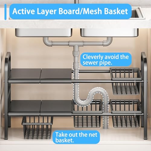Image of Hukimoyo 2 in 1 Under Sink Storage Organizer 2-Tier Kitchen Organizer Shelf Expandable 54-98cm Kitchen Over Sink Dish Drying Rack with Utensil Holder Stand Space Saving Rack for Counter